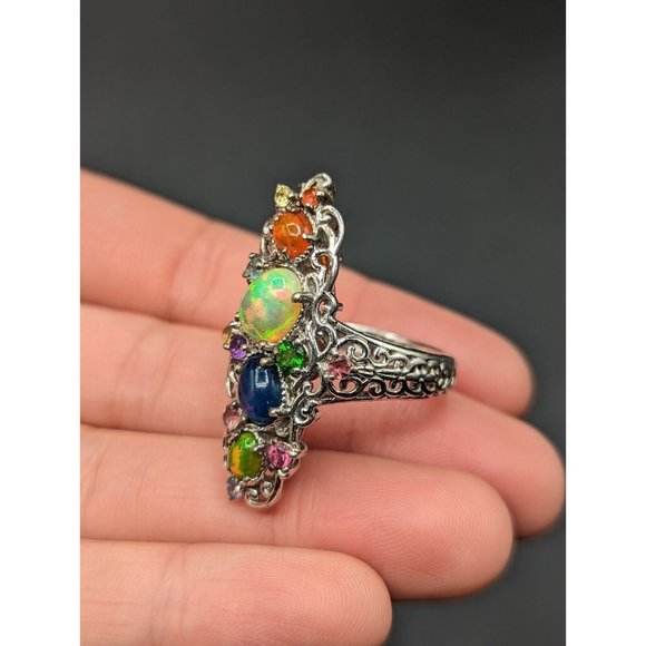 Sterling Silver 925 Multicolor Gemstone Opal Cocktail Statement Ring Size 8 - Picture 5 of 12
